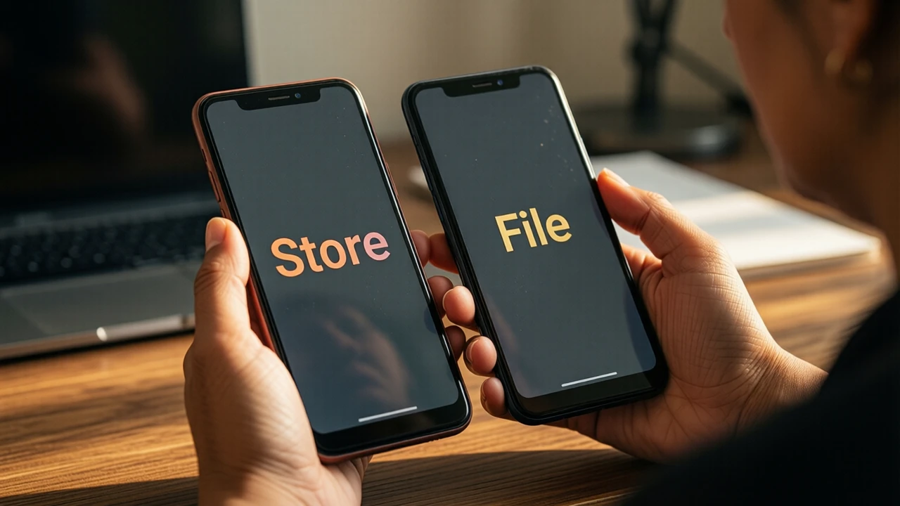An Indian woman in her forties at a home desk in soft side light, comparing two Android phones she holds side by side in her hands; both phone screens are one flat charcoal field edge to edge, the left one showing the word "Store" and the right one the word "File" in gold; warm afternoon tones, only one person in the picture
