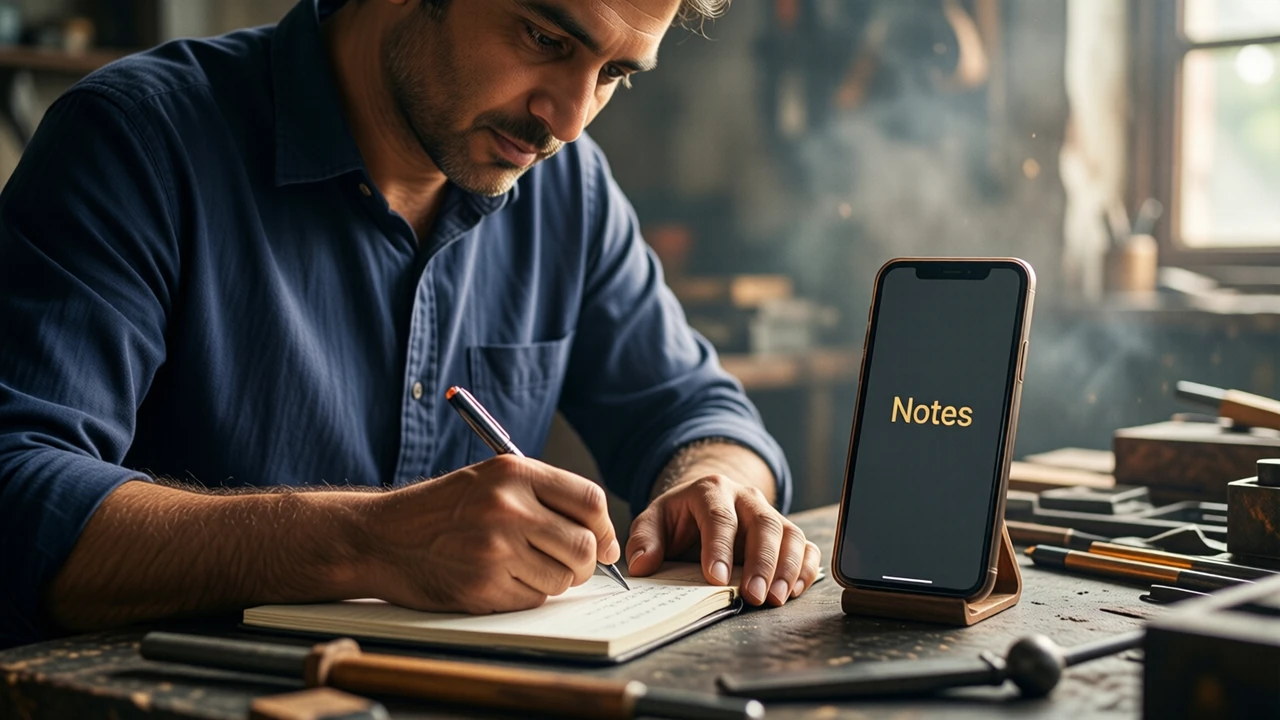 An Indian man in his late thirties in a plain unprinted navy shirt at a workbench in soft side light, writing in a paper notebook while a slim smartphone stands upright in a small stand beside it, showing a flat charcoal screen with the single word "Notes" in gold; soft daylight, only one person in the picture