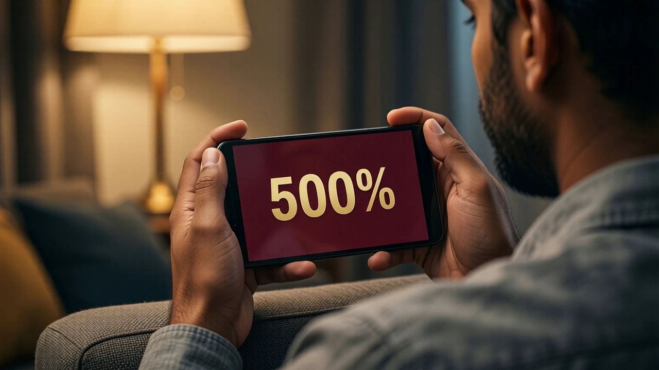 Over-the-shoulder view of an Indian man in a plain unprinted grey shirt on a sofa holding his Android phone; the phone screen is one flat deep wine-red field edge to edge with the large gold number "500%" printed flat in the middle; warm lamp light, only one person in the picture