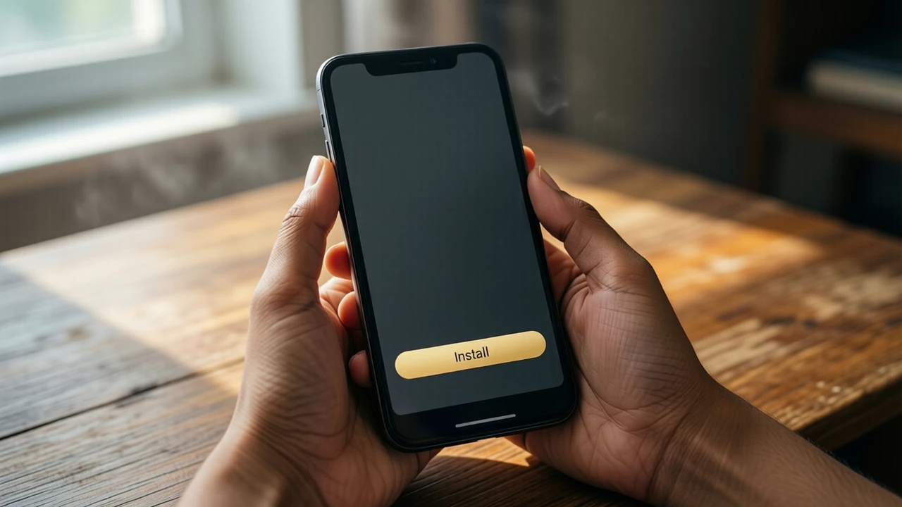 Close-up of an Indian woman's hand holding an Android phone at chest height over a wooden desk; the whole phone screen is one flat charcoal field from the top edge to the bottom edge with a single wide gold button carrying the word "Install" in the middle; soft daylight from the left