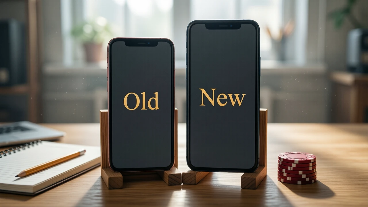 Two Android phones of different sizes standing upright side by side in small wooden stands on a light workbench next to a paper notebook and a pencil; both phone screens are one flat charcoal field edge to edge, the left one showing the word "Old" and the right one the word "New" in gold; soft daylight from above