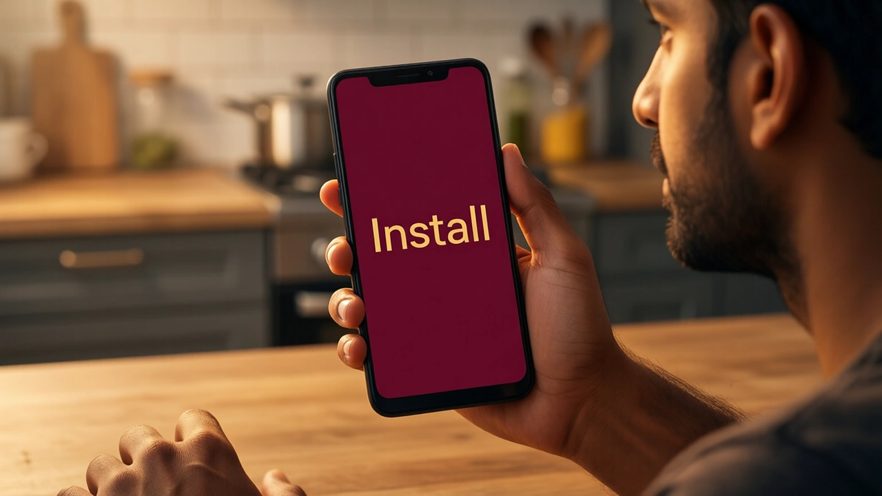 An Indian man in his thirties seen from the side at a kitchen table, holding his own Android phone out toward us at arm's length; the phone screen is one flat deep wine-red field from the top edge to the bottom edge with the single word "Install" in large gold letters in the middle; warm evening light, only one person and one hand in the picture