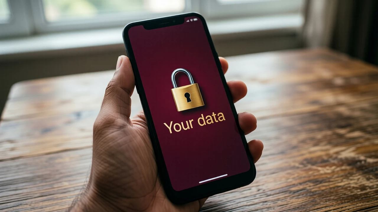 Close-up of a hand holding an Android phone over a wooden table; the whole phone screen is one flat deep wine-red field from the top edge to the bottom edge with a closed gold padlock, shackle locked shut, above the words "Your data" in gold; soft daylight