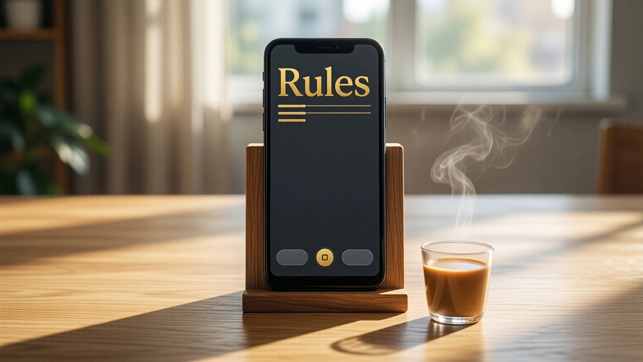 An Android phone standing upright in a small plain wooden stand on an empty light wooden desk; the whole phone screen is one flat charcoal field from the top edge to the bottom edge with the word "Rules" in large gold letters at the top and three short gold lines beneath it; morning light